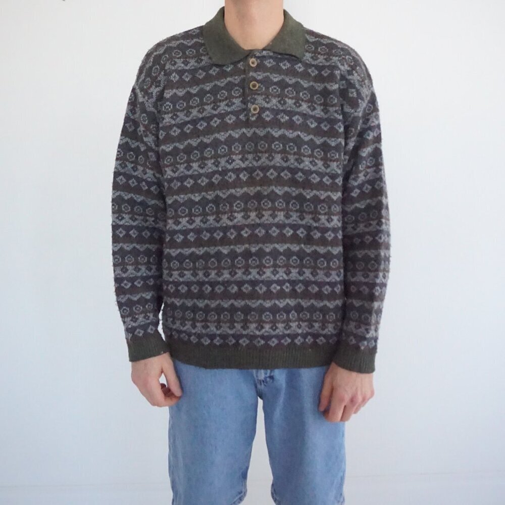 Vintage TT & Co. Knit Polo Sweater Olive Geometric Eclectic Grandpa Preppy Large